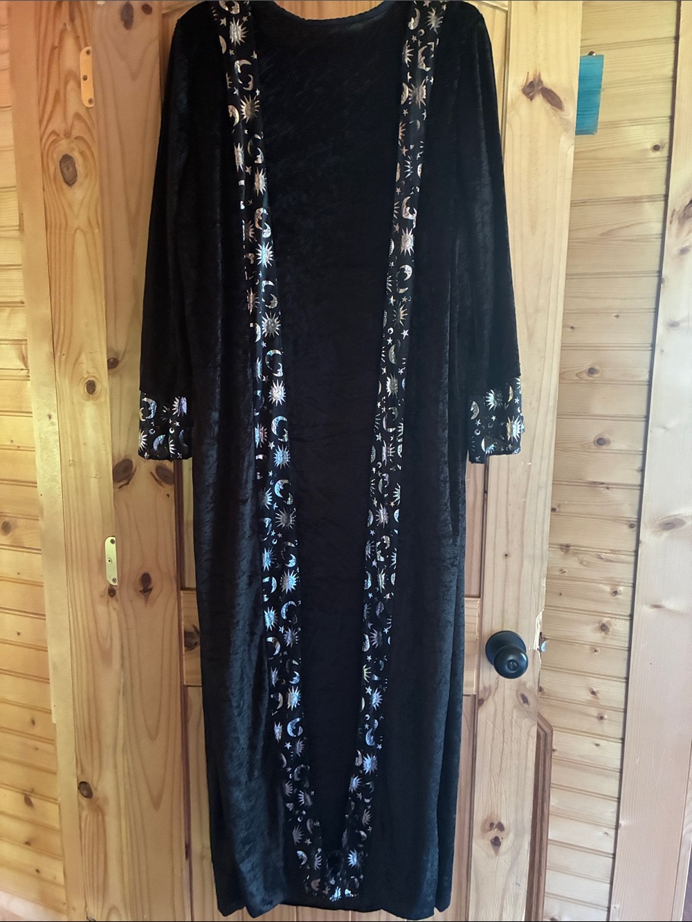 Black Velvet Long Open-Front Dress with Moon & Star Trim